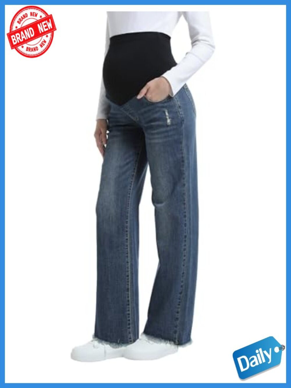 Wide Leg Stretch Denim Maternity Jeans Over The Belly Raw Hem